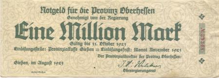 Gießen - Provinzialverwaltung Oberhessen - August 1923 - November 1923 - 1 Million Mark 