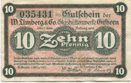 Gifhorn - Limberg, W., & Co, Glasfabrik - 1.3.1920 - 10 Pfennig 