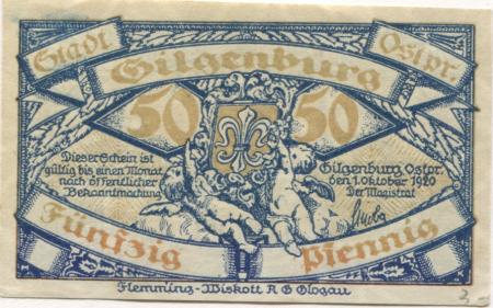 Gilgenburg (heute: PL-Dabrowno) - 1.10.1920 - 50 Pfennig 