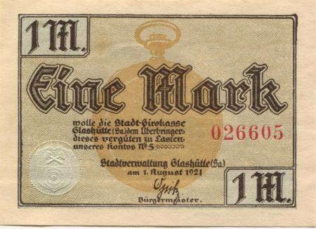Glashütte - Stadt - 1.8.1921 - 1 Mark 