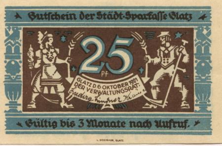 Glatz (heute: PL-Klodzko) - Stadt-Sparkasse - 6.10.1921 - 25 Pfennig 