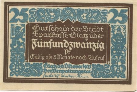 Glatz (heute: PL-Klodzko) - Stadt-Sparkasse - 6.10.1921 - 25 Pfennig 