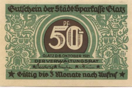 Glatz (heute: PL-Klodzko) - Stadt-Sparkasse - 6.10.1921 - 50 Pfennig 