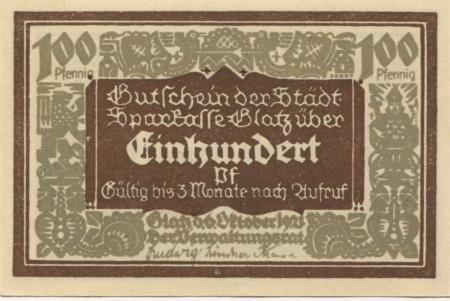 Glatz (heute: PL-Klodzko) - Stadt-Sparkasse - 6.10.1921 - 100 Pfennig 