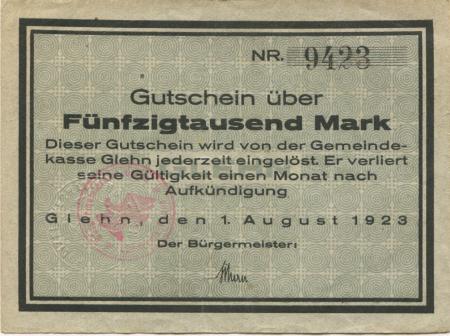 Glehn (heute: Korschenbroich) - Gemeinde - 1.8.1923 - 50000 Mark 