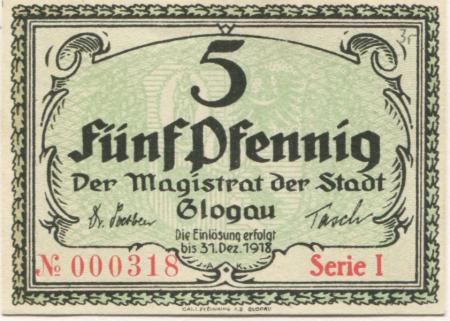 Glogau (heute: PL-Glogow) - Stadt - - 31.12.1918 - 5 Pfennig 