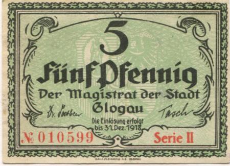 Glogau (heute: PL-Glogow) - Stadt - - 31.12.1918 - 5 Pfennig 