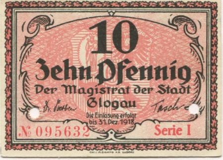 Glogau (heute: PL-Glogow) - Stadt - - 31.12.1918 - 10 Pfennig 