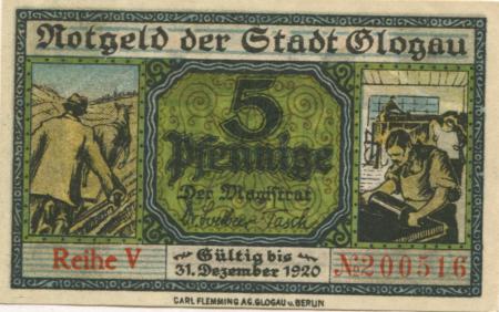 Glogau (heute: PL-Glogow) - Stadt - - 31.12.1920 - 5 Pfennig 