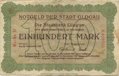 Glogau (heute: PL-Glogow) - Stadt - 22.9.1922 - 10.11.1922 - 100 Mark 