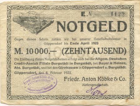 Göppersdorf (heute: Burgstädt) - Köbke, Friedrich Anton & Co AG - 8.2.1923 - Ende April 1923 - 10000 Mark 