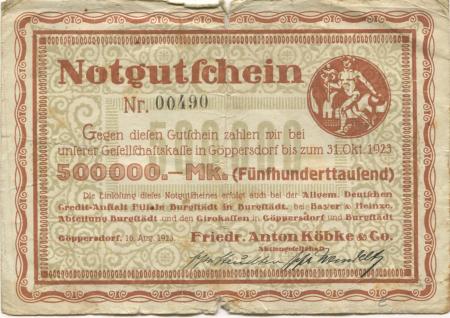Göppersdorf (heute: Burgstädt) - Köbke, Friedrich Anton & Co AG - 16.8.1923 - 31.10 1923 - 500000 Mark 