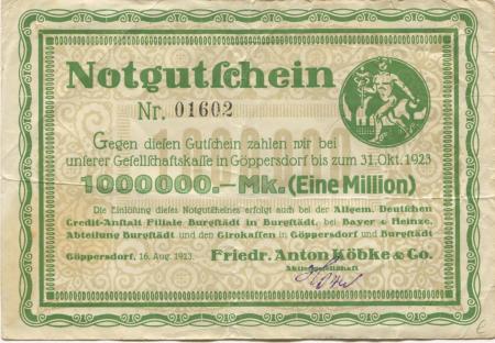 Göppersdorf (heute: Burgstädt) - Köbke, Friedrich Anton & Co AG - 16.8.1923 - 31.10 1923 - 1 Million Mark 