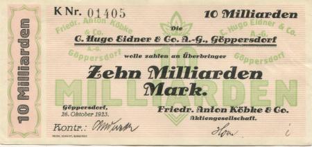 Göppersdorf (heute: Burgstädt) - Köbke, Friedrich Anton & Co AG - 26.10.1923 - 10 Milliarden Mark 