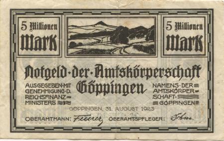 Göppingen - Amtskörperschaft - 31.8.1923 - 5 Millionen Mark 