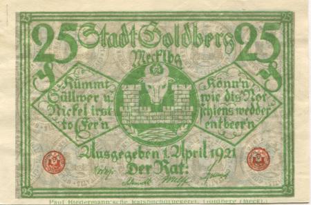 Goldberg - Stadt - 1.4.1921 - 25 Pfennig 