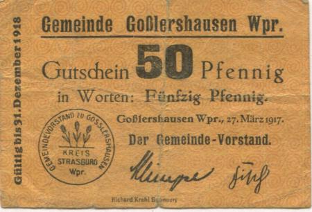 Goßlershausen (heute: PL-Jablonowo Pomorskie) - Gemeinde - 27.3.1917 - 31.12.1918 - 50 Pfennig 