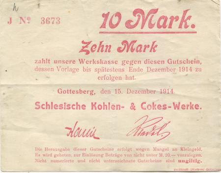 Gottesberg (heute: PL-Boguszow) - Schlesische Kohlen- und Cokes-Werke - 15.12.1914 - Ende Dezember.1914 - 10 Mark 