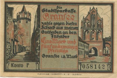 Gransee - Stadtsparkasse - -- - 1.25 Mark 