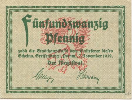 Greifenberg (heute: PL-Gryfice) - Stadt - 7.11.1919 - 31.3.1921 - 25 Pfennig 