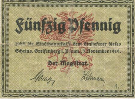 Greifenberg (heute: PL-Gryfice) - Stadt - 7.11.1919 - 31.3.1921 - 50 Pfennig 