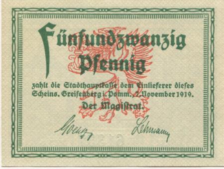 Greifenberg (heute: PL-Gryfice) - Stadt - 7.11.1919 - 25 Pfennig 