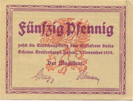 Greifenberg (heute: PL-Gryfice) - Stadt - 7.11.1919 - 50 Pfennig 