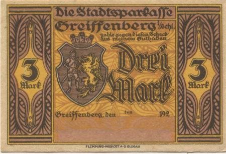 Greiffenberg (heute: PL-Gryfow Slaski) - Städtische Sparkasse - -- - 3 Mark 
