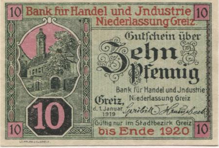 Greiz - Bank für Handel und Industrie, Niederlassung Greiz - 1.1.1919 - Ende 1920 - 10 Pfennig 