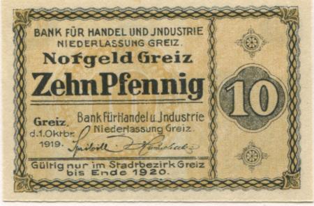 Greiz - Bank für Handel und Industrie, Niederlassung Greiz - 1.10.1919 - Ende 1920 - 10 Pfennig 
