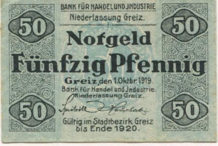 Greiz - Bank für Handel und Industrie, Niederlassung Greiz - 1.10.1919 - Ende 1920 - 50 Pfennig 