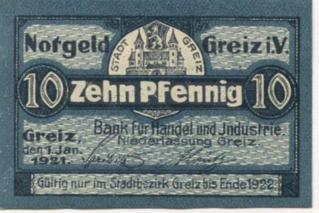 Greiz - Bank für Handel und Industrie, Niederlassung Greiz - 1.1.1921 - Ende 1922 - 10 Pfennig 