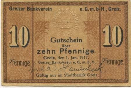 Greiz - Greizer Bankverein eGmbH - 1.1.1917 - 10 Pfennig 