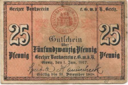 Greiz - Greizer Bankverein eGmbH - 1.1.1917 - 31.12.1918 - 25 Pfennig 