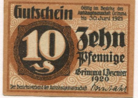 Grimma - Amtshauptmannschaft - 1.12.1920 - 30.6.1921 - 10 Pfennig 