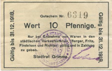 Grimma - Stadt - - 31.12.1918 - 10 Pfennig 
