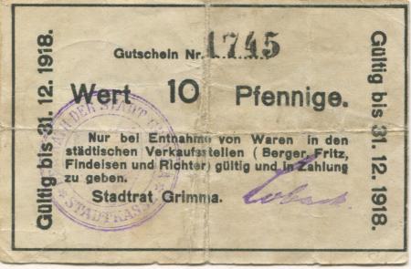 Grimma - Stadt - - 31.12.1918 - 10 Pfennig 