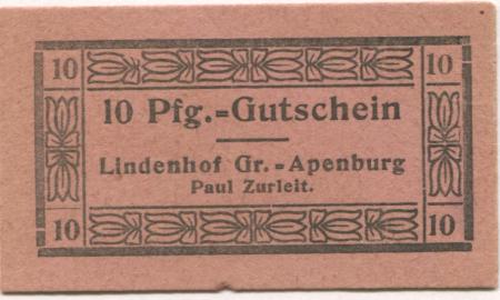 Groß-Apenburg (heute: Apenburg-Winterfeld) - Zurleit, Paul, Lindenhof - -- - 10 Pfennig 