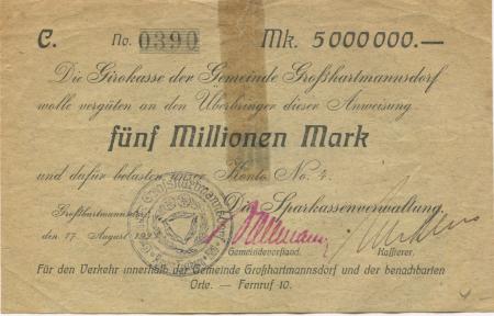 Großhartmannsdorf - Sparkasse - 17.8.1923 - 5 Millionen Mark 