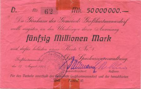 Großhartmannsdorf - Sparkasse - 17.8.1923 - 50 Millionen Mark 