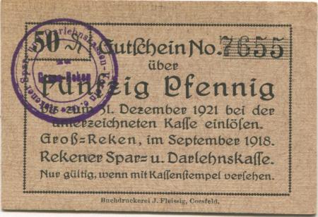 Groß-Reken (heute: Reken) - Spar- und Darlehnskasse - September 1918 - 31.12.1921 - 50 Pfennig 