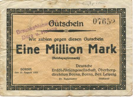Großzössen (heute: Neukieritzsch) - Braunkohlenwerke Dora und Helene - 15.8.1923 - 1 Million Mark 