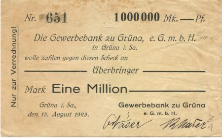 Grüna (heute: Chemnitz) - Gewerbebank eGmbH - 13.8.1923 - 1 Million Mark 