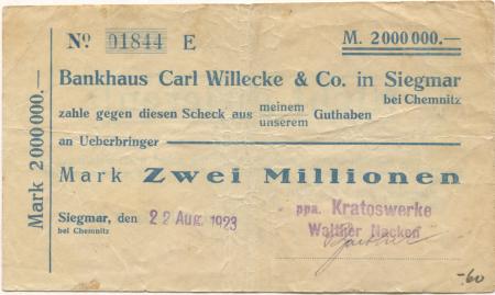 Grüna (heute: Chemnitz) - Nacken, Walter, Kratoswerke - 22.8.1923 - 2 Millionen Mark 