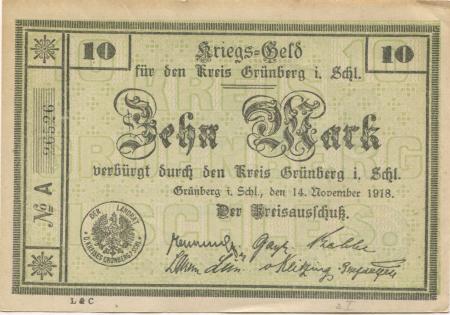 Grünberg (heute: PL-Zielona Gora) - Kreis - 14.11.1918 - 31.3.1919 - 10 Mark 