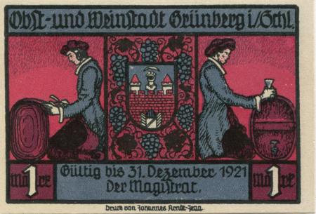 Grünberg (heute: PL-Zielona Gora) - Stadt - - 31.12.1921 - 1 Mark 