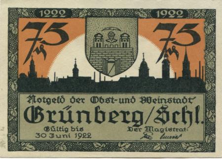 Grünberg (heute: PL-Zielona Gora) - Stadt - 1922 - 30.6.1922 - 75 Pfennig 