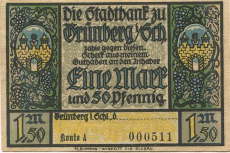 Grünberg (heute: PL-Zielona Gora) - Stadtbank - -- - 1.50 Mark 