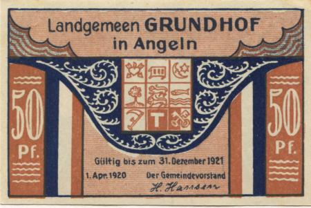 Grundhof - Gemeinde - 1.4.1920 - 31.12.1921 - 50 Pfennig 