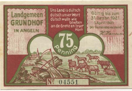 Grundhof - Gemeinde - 1.4.1921 - 31.12.1921 - 75 Pfennig 